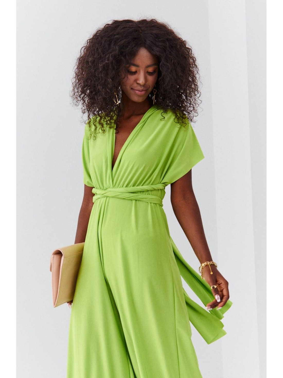 Elegant jumpsuit with wide legs and a tied top, lime 44610 - Online store - Boutique